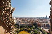 view from a tower of La Sagrada Familia, spire of the eastern facade, tree of life with doves, church, cathedral, architect Antonio Gaudi, UNESCO world heritage, modernisme, Art Nouveau, city district Eixample, Barcelona, Catalunya, Catalonia, Spain, Euro