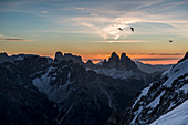 Picco di Vallandro, Prato Piazza, Dolomites, South Tyrol, Italy. Sunrise at the Tre Cime di Lavaredo  Drei Zinnen