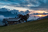 Alpe di SiusiSeiser Alm, Dolomites, South Tyrol, Italy. Sunset on the Alpe di SiusiSeiser Alm with the SciliarSchlern