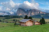 Alpe di SiusiSeiser Alm, Dolomites, South Tyrol, Italy. View from the Alpe di Siusi to the peaks of SassolungoLangkofel and Sassopiatto  Plattkofel