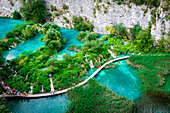 Plitvice Lakes, Croatia, Europe. tourists walking on the pier in the middle of the turquoise lakes