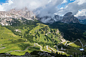 Aerial view of the road from Badia valley to Gardena Pass, Dolomites, Sudtirol, Italy