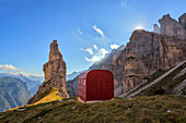 Europe, Italy, Friuli, Pordenone. The bivouac Giuliano Perugini in Montanaia Valley, Cimolais, Dolomites