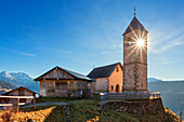 Europe, Italy, Veneto, Belluno. The small gothic church of Casamazzagno, Comelico Superiore. Dolomites