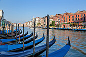Venice, Italy. Docked gondolas and palaces overlooking the Grand Canal in a sunny day