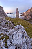 The Campanile di Val Montanaia in the Friuli Dolomites with the little Perugini bivouac at his foot. Cimolais, Dolomites, Friuli, Italy, Europe