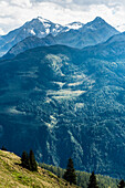 Ein Berghang im Sonnenlicht mit Gebirgskulisse, Kitzbüheler Alpen, Kitzbühel, Tirol, Österreich