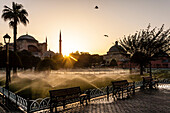 Im Sultan Ahmet Park an der Hagia Sophia wird der Rasen zum Sonnenaufgang bewässert, Istanbul, Türkei