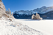 Little island with trees at the frozen Eibsee,view to the Zugspitz range, near Grainau, Bavaria, Germany
