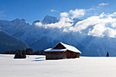 Haystack at the Buckelwiesen, near Kruen, view to Karwendel range, Bavaria, Germany