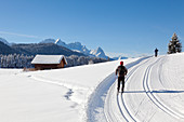 Langläufer auf einer Loipe am Geroldsee, Blick auf das Zugspitzmassiv mit Alpspitze, Zugspitze und Waxenstein, Bayern, Deutschland