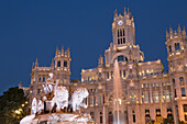 Fountain and Cybele Palace, formerly the Palace of Communication at night, Plaza de Cibeles, Madrid, Spain, Europe