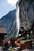 Waterfall over Lauterbrunnen Lötschen valley in the Valais, Switzerland