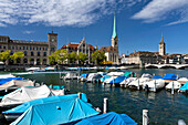Boats docked on the Limmatquai, Zurich, Switzerland