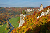 View from a rock near Wildenstein' Castle at the valley of the river Danube near Hausen i.T. , Schwäbische Alb , Baden-Württemberg , Germany , Europe