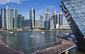 Singapore, view of the financial district from Marina Bay Sands waterfront boardwalk with Crystal Pavilion North.