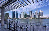 Singapore skyline across Marina Bay from Marina Sands Waterfront Promenade boardwalk