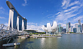 Singapore, view of the Marina Bay Sands Hotel and Skypark, with Helix Bridge and Art Science Museum.