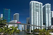 Metromover Monorail Miami River Downtown Miami Skyline Florida Usa.