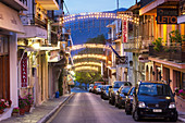 Greece, Central Greece Region, Delphi, town main street, dawn.