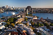 Australia, New South Wales, NSW, Sydney, Sydney Harbour Bridge, elevated view, dawn.