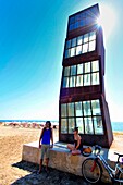 'Sculpture L´estel ferit'' ( The wounded star ) by Rebecca Horn at Barceloneta beach, 1992. Barcelona, Catalonia, Spain.'''