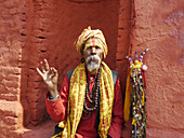 Nepal. Pashupatinath, Hindu temple complex famous for burning ghats, Kathmandu. Hindu sadhu, or holyman.