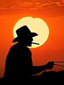 Silhouette of a Cuban farmer against the sun at sunset, Trinidad, Cuba