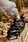 The Cumbres & Toltec Scenic Railroad train pulled by a steam locomotive comes out of a tunnel at 9669 feet on the 64 mile run between Antonito, Colorado and Chama, New Mexico.