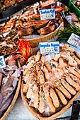 Seafood at Market of Rue Mouffetard street in Paris, France.