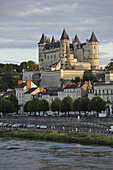 Loire River bank with the Chateau de Saumur in the background, Maine-et-Loire department, Pays de la Loire region, France, Europe.