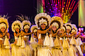Tahina no Uturoa dance group performing during Heiva i Tahiti (July cultural festival), Place Toata, Papeete, Tahiti, French Polynesia.