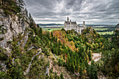 view from Mary Bridge to Neuschwanstein Castle during autumn, Fuessen, Schwangau, Allgaeu, Bavaria, Germany