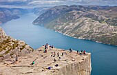 Preikestolen, Pulpit Rock, 600 meters over LyseFjord, Lyse Fjord, in Ryfylke district, Rogaland Region, It is the most popular hike in Stavanger area, Norway.