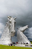 The Kelpies sculpture of two horses at entrance to the Forth and Clyde Canal at The Helix Park near Falkirk, Scotland.