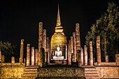 Asia. Thailand, old capital of Siam. Sukhothai archaeological Park, classified UNESCO World Heritage. Wat Sa Sri by night.