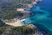 Aerial view of Cala Torta, Cala Mitjana, Cala Estreta and Cala es Matzoc, North Island, Mallorca, Balearic Island, Spain.