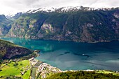 Aurland and Aurlandsfjord view from Stegastein viewpoint, Aurlandsfjellet National Tourist Route, Norway, Scandinavian.