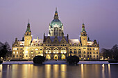 New Town Hall in winter at night, Hannover, Lower Saxony, Germany.