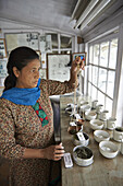 A woman prepares various samples of tea at the Makaibari Tea Estates.