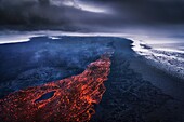 Aerial view of lava and plumes. August 29, 2014 a fissure eruption started in Holuhraun at the northern end of a magma intrusion, which had moved progressively north, from the Bardarbunga volcano. Bardarbunga is a stratovolcano located under Vatnajokull, 