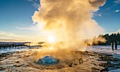 Strokkur is a fountain geyser in the geothermal area beside the Hvita River in the Haukadalur valley, erupting about every 10 minutes or so. The white column of boiling water can reach as high as 20-30 meters.