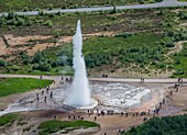 Aerial view of Strokkur Geyser about to erupt, Iceland.