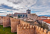 Cathedral viewed from Medieval City Walls, Avila, Castile and Leon, Spain. UNESCO World Heritage Site.