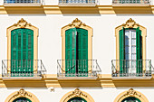 Fassade eines alten Hauses am berühmten  Plaza del Merced, Malaga, Andalusien, Spanien