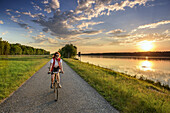 Frau beim Radfahren an Donau, Klosterneuburg, Donauradweg, Niederösterreich, Österreich