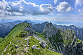 Kraehe and Gabelschrofen with Saeuling and Tegelberg in background, Kraehe, Ammergau Alps, East Allgaeu, Allgaeu, Swabia, Bavaria, Germany