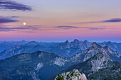 Blue hour with full moon above Allgaeu Alps, Tannheim Mountains and Ammergau Alps, Ammergauer Hochplatte, Ammergau Alps, East Allgaeu, Allgaeu, Swabia, Bavaria, Germany