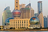 View of Pudong Business District Skyline from the ´Bund´ or ´Wai Tan´ and Huangpu River, Shanghai, China, Asia.