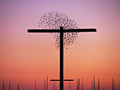 Starlings flying at dawn over lamp and vessels posts. Sant Carles de la Rapita Village. Montsia Region, Tarragona Province, Catalonia, Spain.